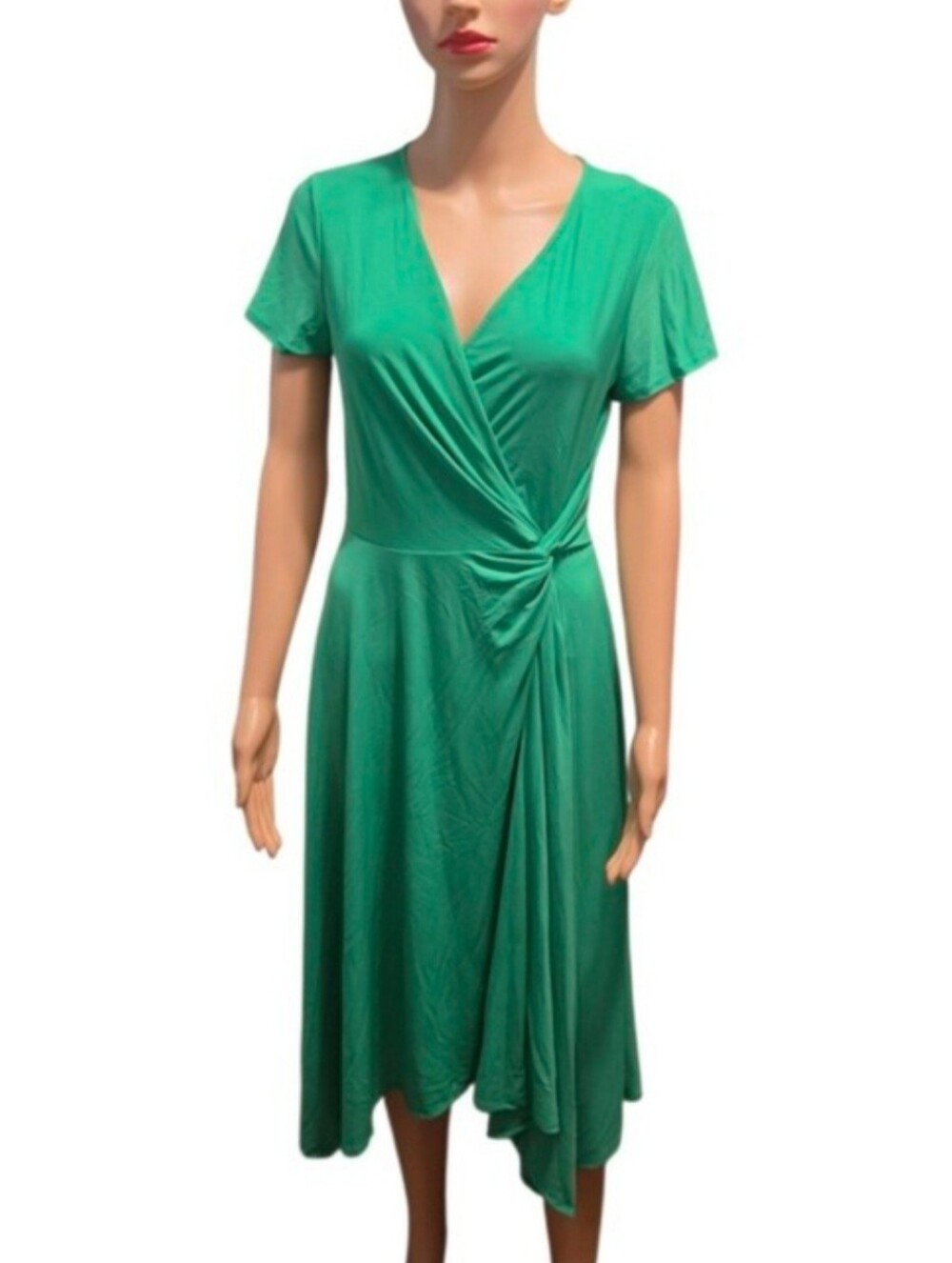 Preceptions New York Short Sleeve Solid Faux Wrap Green Chic Midi Dress Sz S